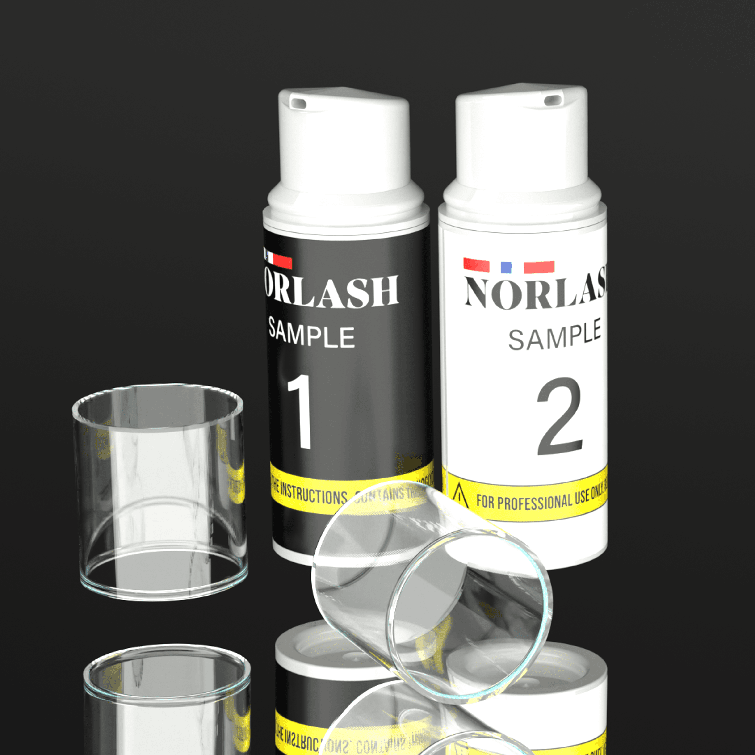 Two bottles of NORLASH sample lotion bottles on a black reflective background
