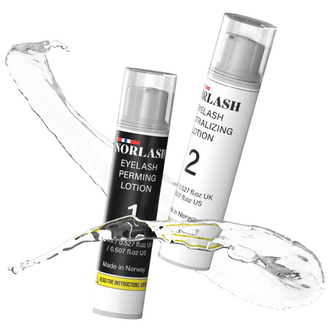 A bottle of NORLASH lash lift lotion and a bottle of NORLASH setting lotion.