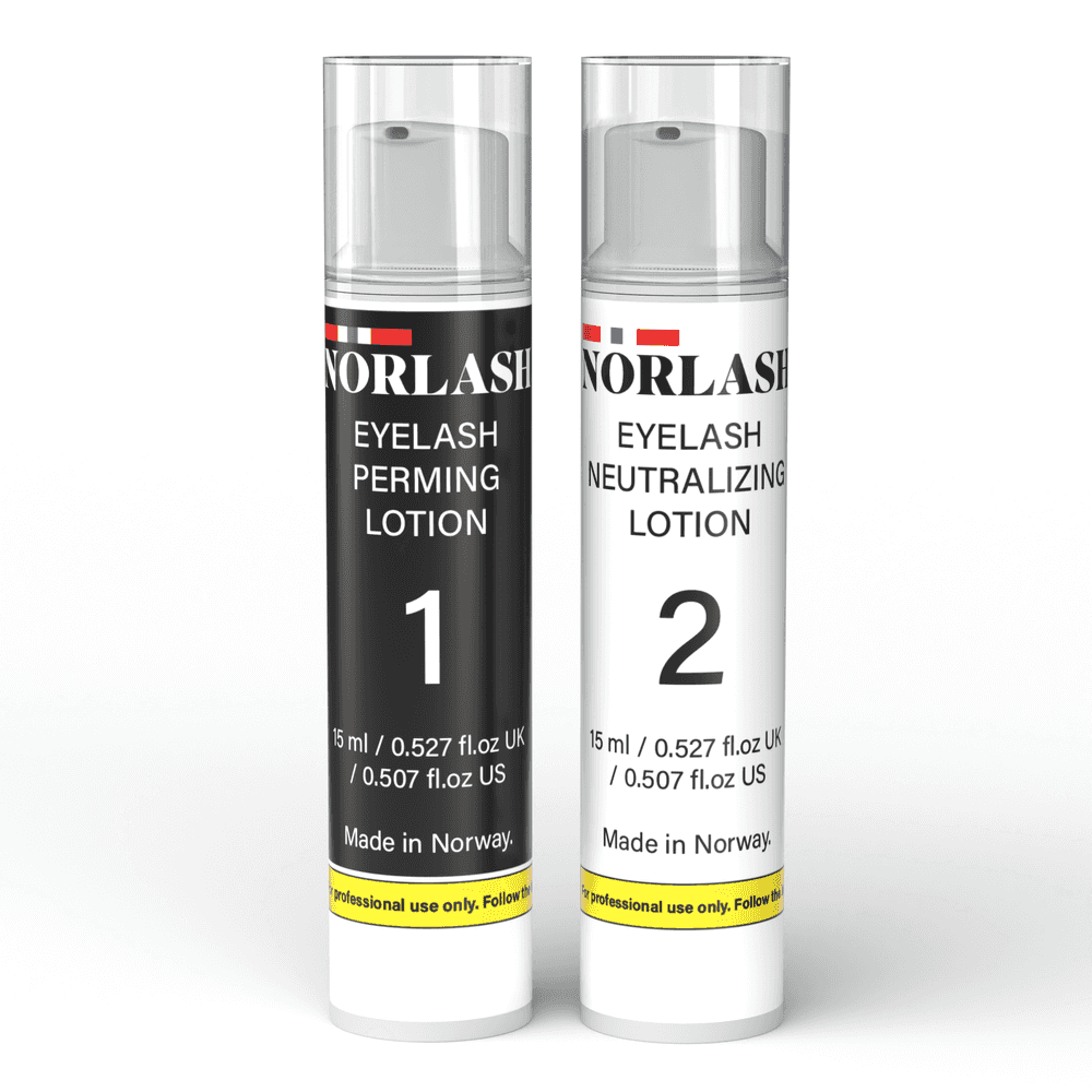 A bottle of lash perming lotion and a bottle of lash neutralizer lotion for lash lift treatments