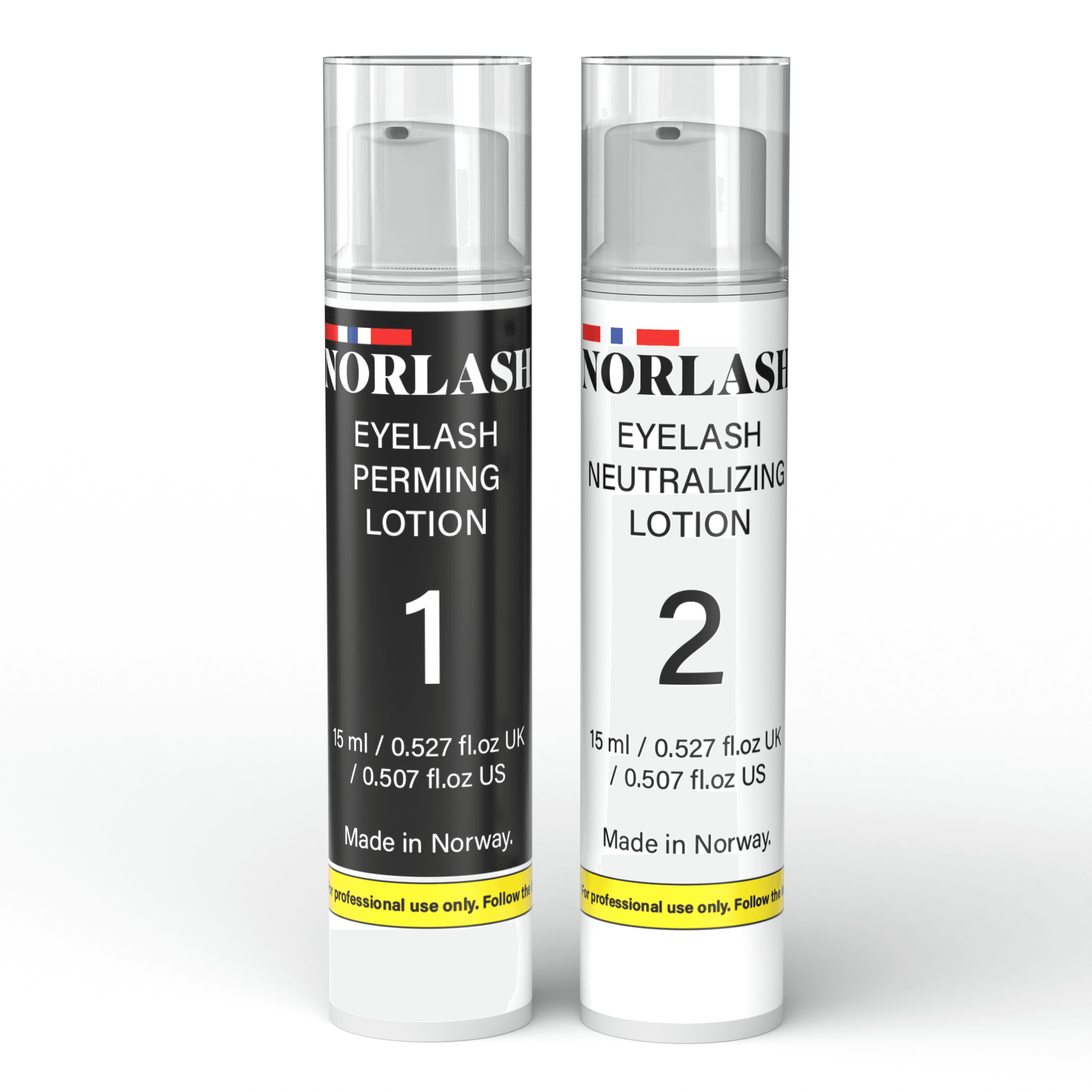 A bottle of NORLASH perming lotion and a bottle of NORLASH neutralizing lotion. The bottles are sitting on a white background.